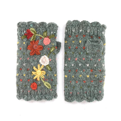 Florence Handwarmers gray wool fingerless gloves with hand-embroidered colorful floral accents and scalloped edges.