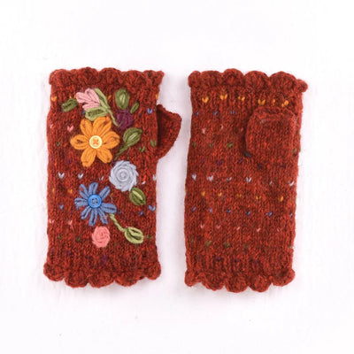 Red wool Florence Handwarmers with fingerless design and hand-embroidered colorful floral accents for cozy and elegant winter wear