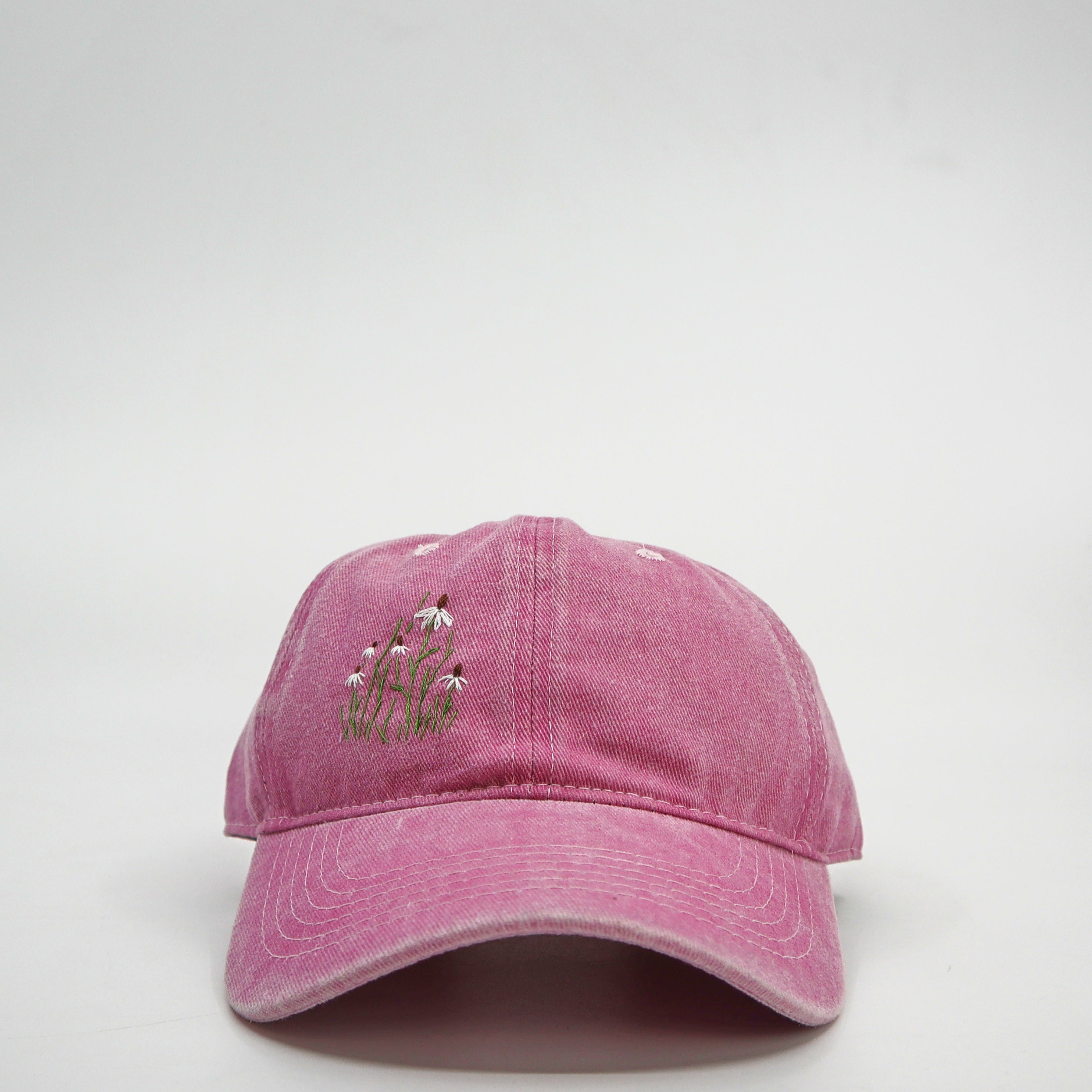 Pink Wild Sour Little Daisies Hat with hand-embroidered daisies on 100% cotton baseball cap