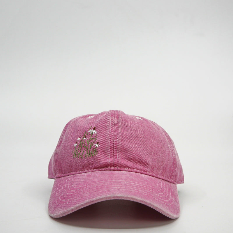 Pink Wild Sour Little Daisies Hat with hand-embroidered daisies on 100% cotton baseball cap