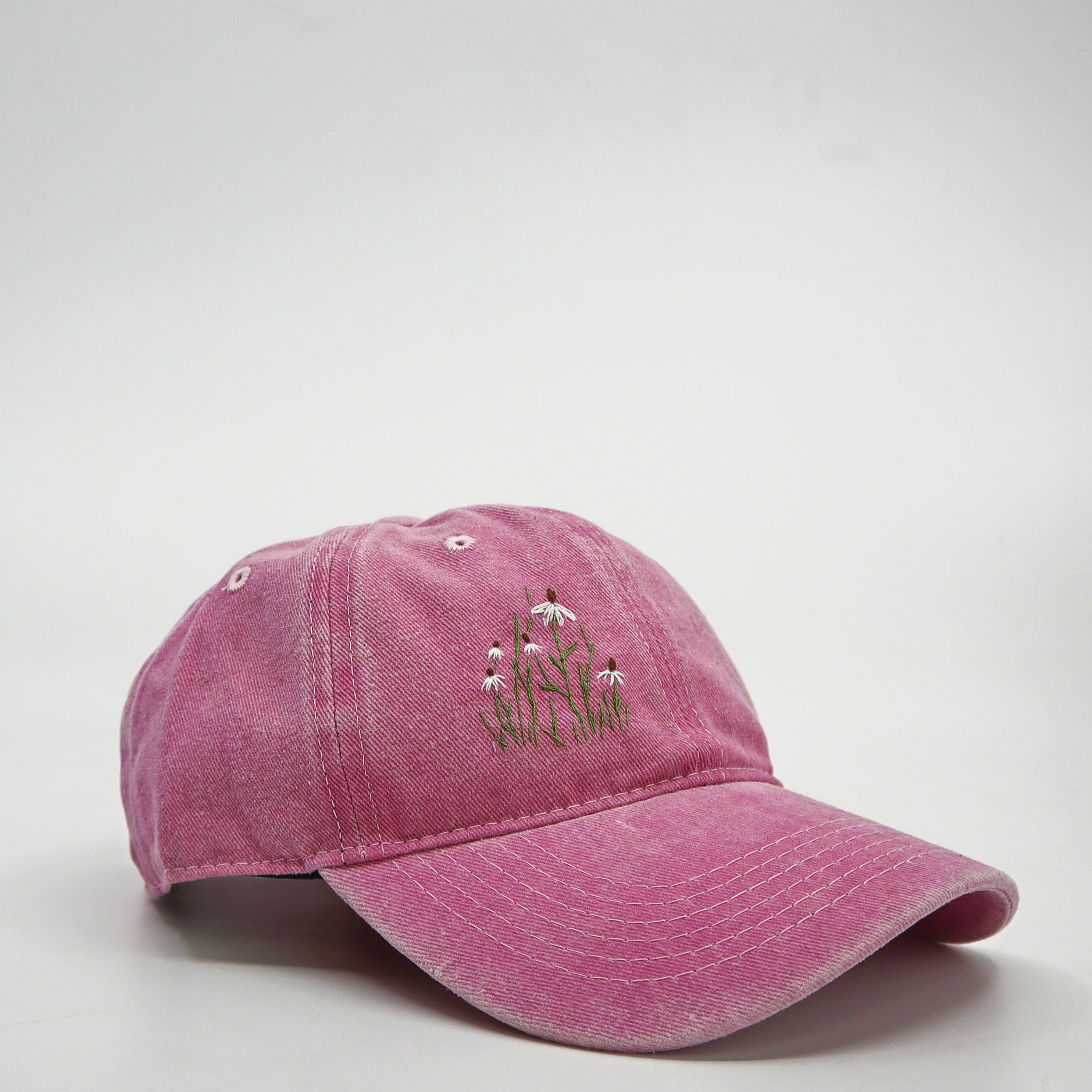 Pink Wild Sour Little Daisies Hat with hand-embroidered daisies on 100% cotton baseball cap