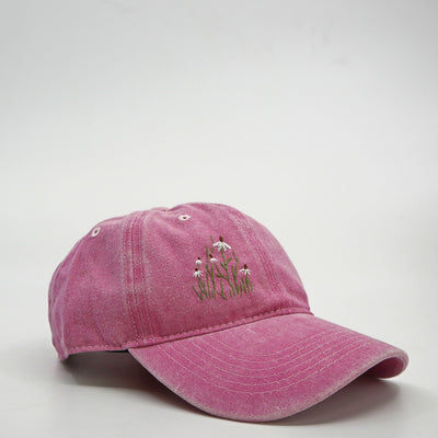 Pink Wild Sour Little Daisies Hat with hand-embroidered floral design and adjustable cotton baseball cap