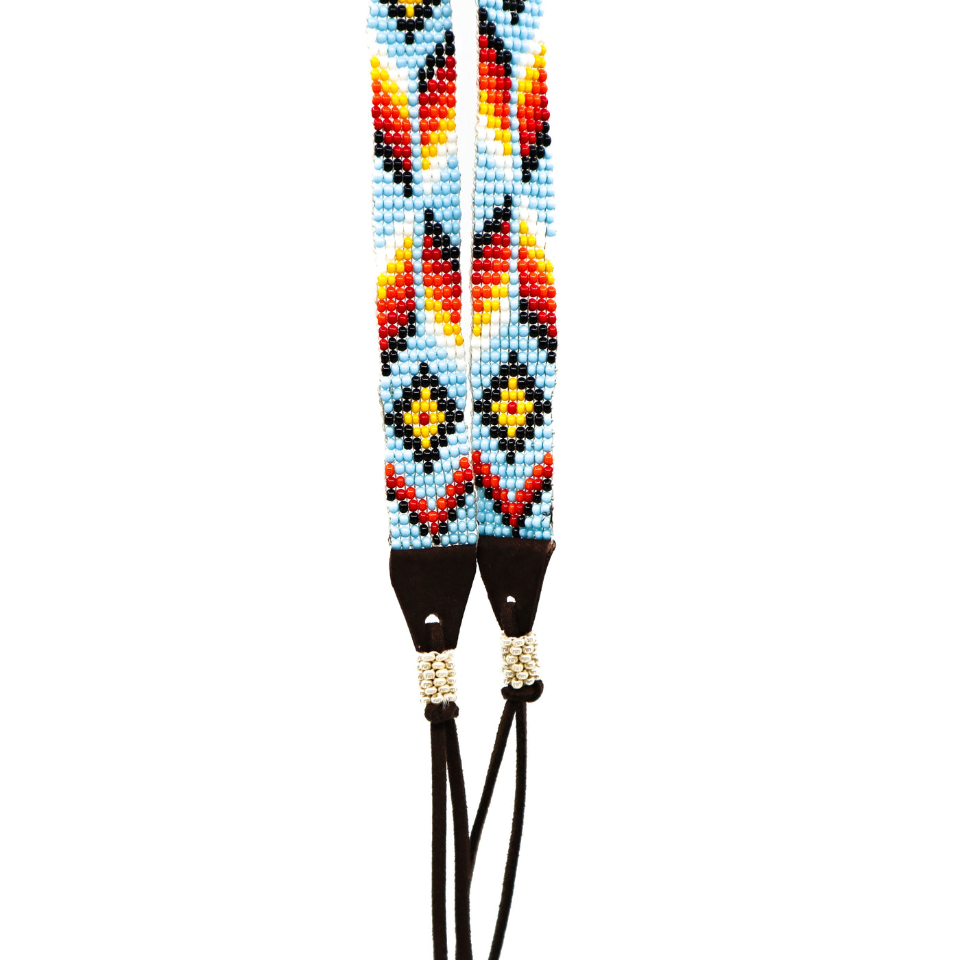 Hand-beaded hat band with colorful geometric patterns and leather ends for cowboy hats and fedoras.