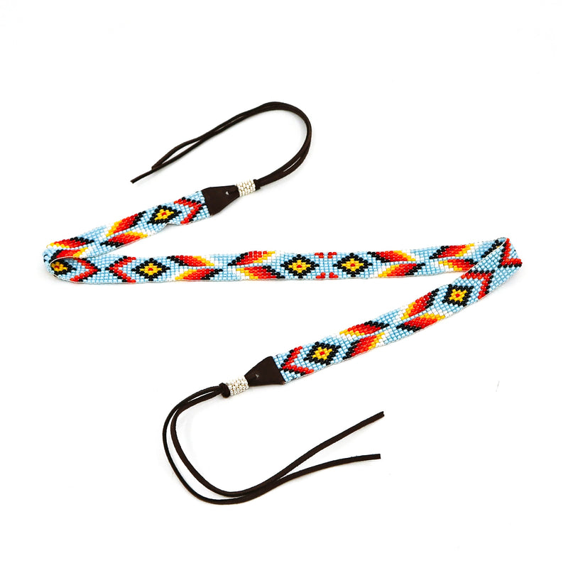 Hand-beaded hat band with colorful geometric patterns and leather ties for cowboy hats and fedoras