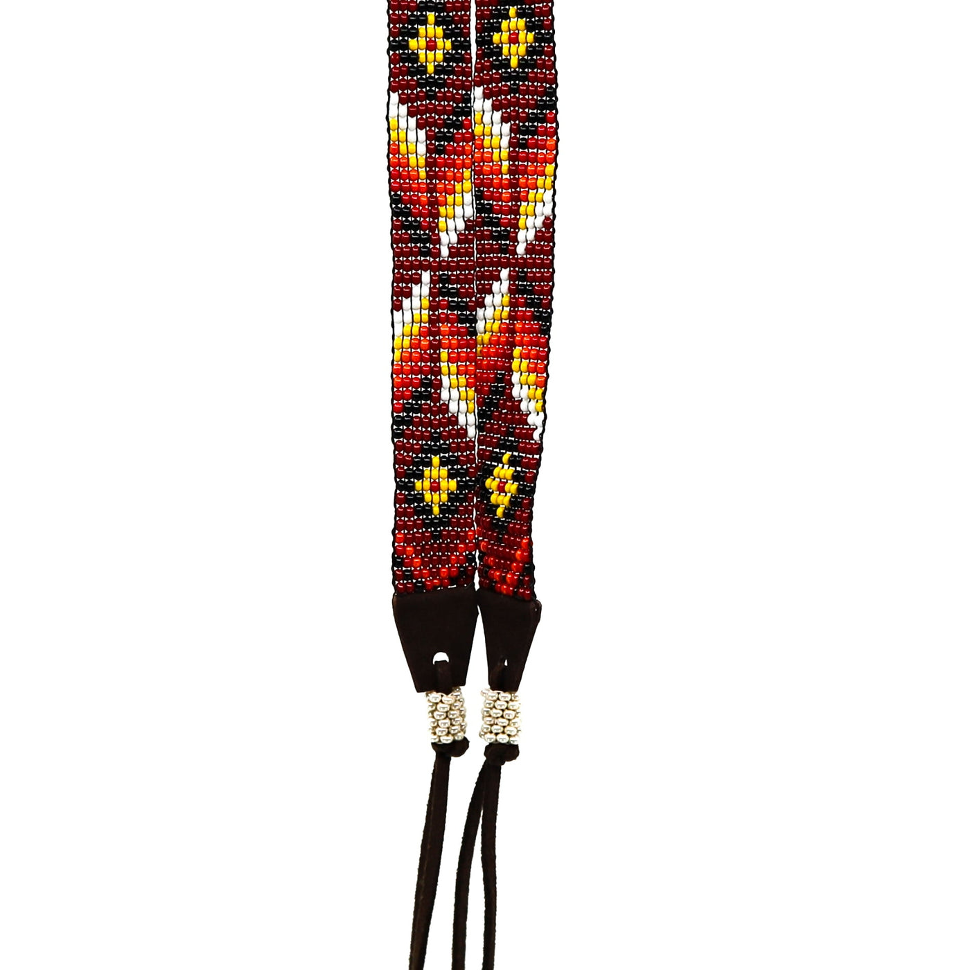Hand-beaded hat band with multicolor beadwork and leather ends for stylish headwear decoration