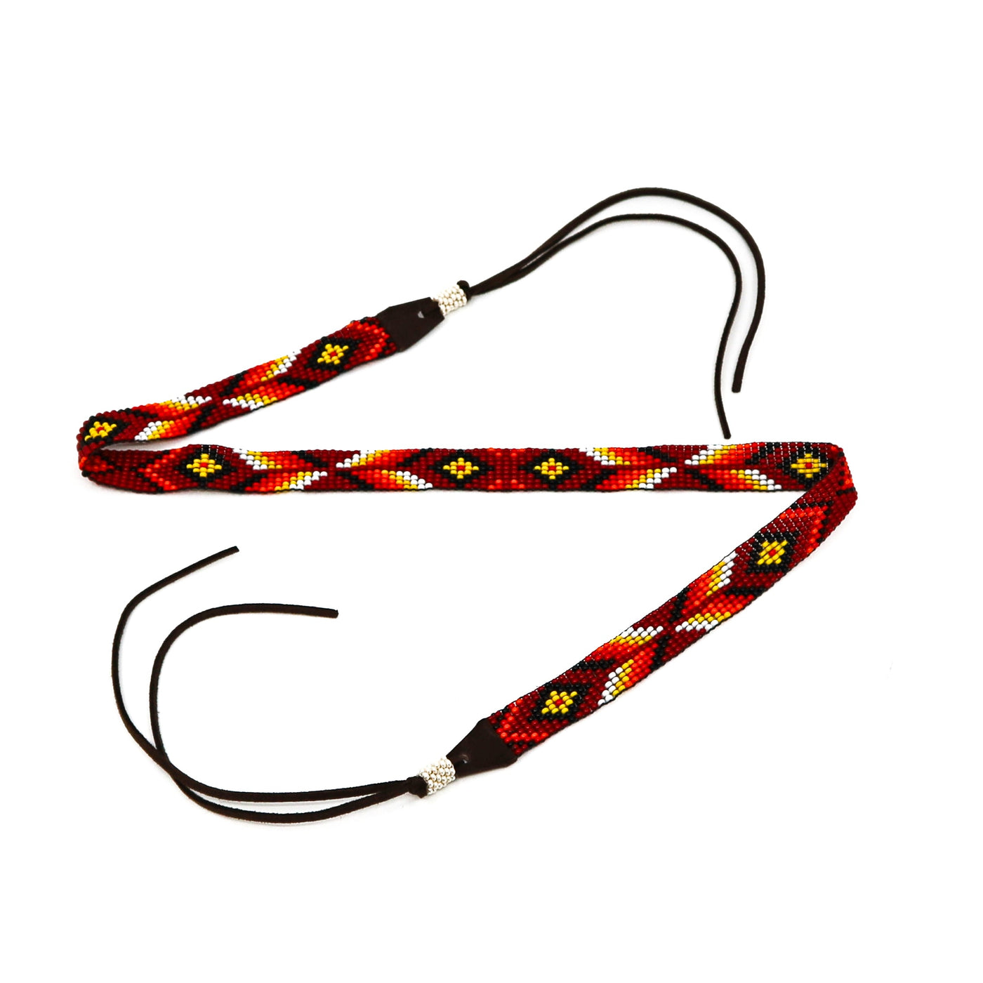 Hand-beaded hat band with red, yellow, and black geometric patterns and leather ties for western or sophisticated style hats