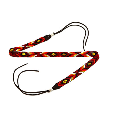 Hand-beaded hat band with red, yellow, and black geometric patterns and leather ties for western or sophisticated style hats