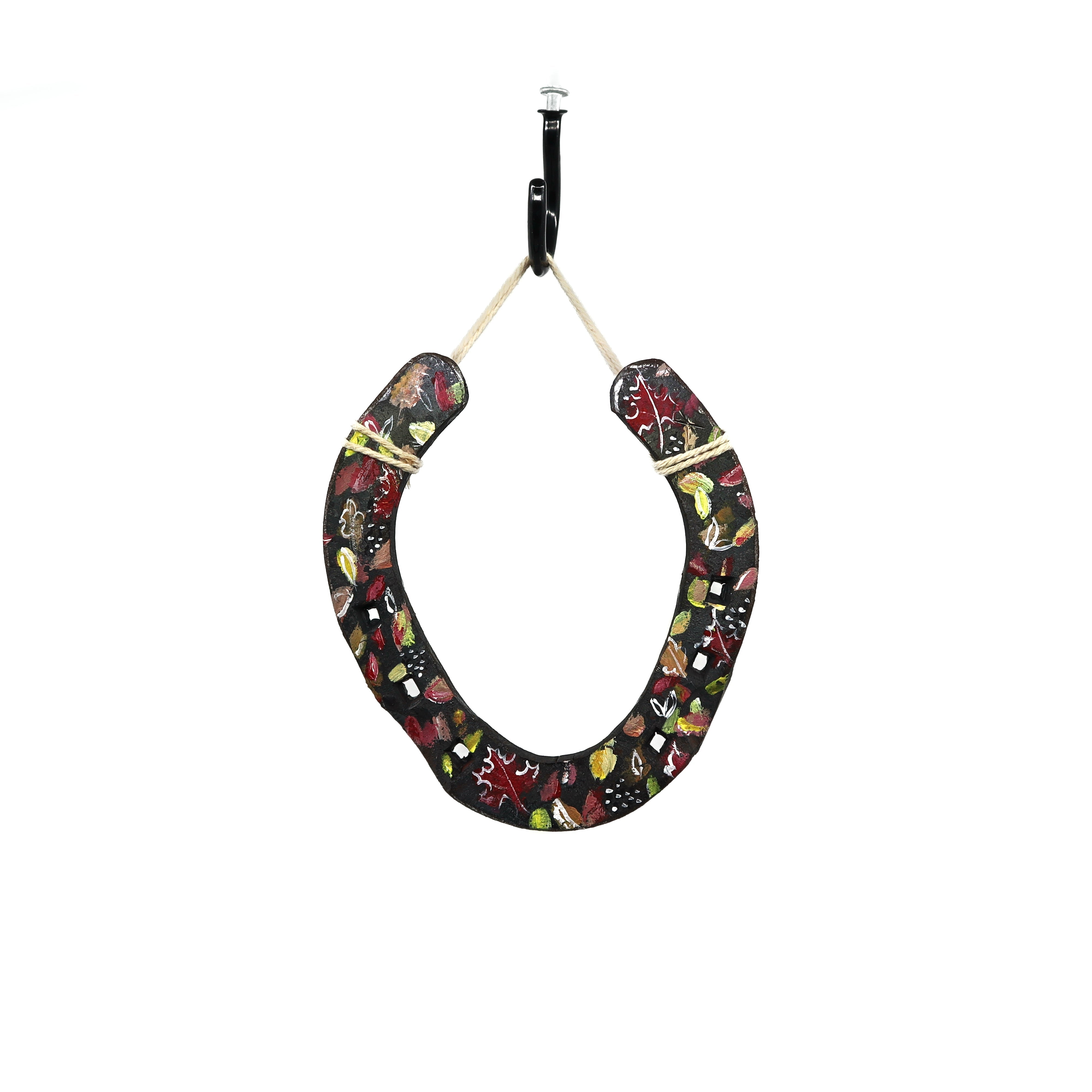 Wild Sour hand painted rustic horseshoe with autumn leaves design hanging on rope