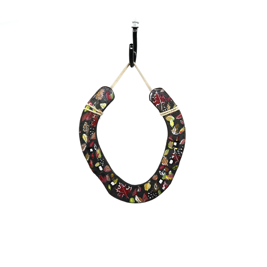 Wild Sour hand painted horseshoe with autumn leaves design hanging for rustic home decor