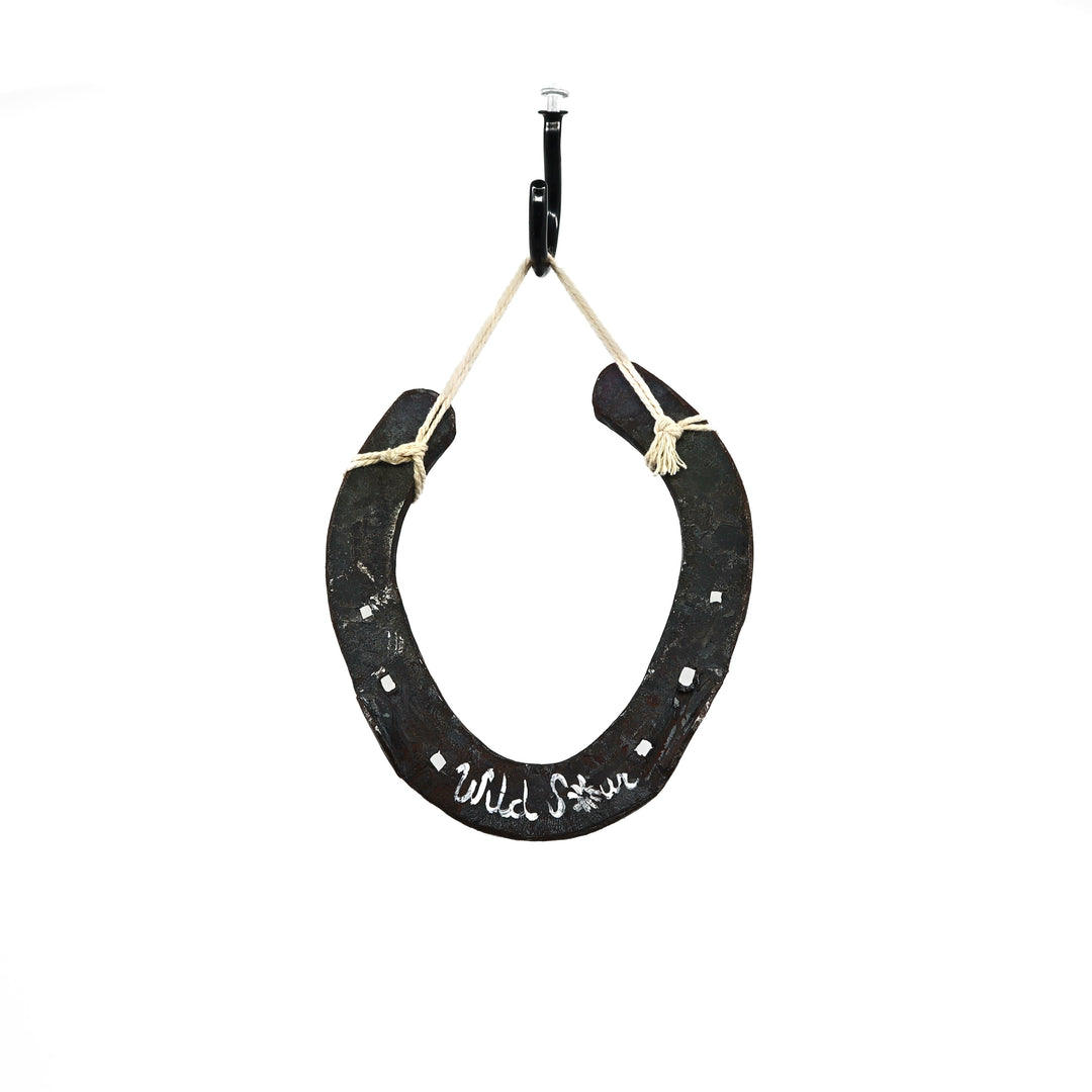 Wild Sour hand painted rustic horseshoe with autumn leaves design hanging on rope