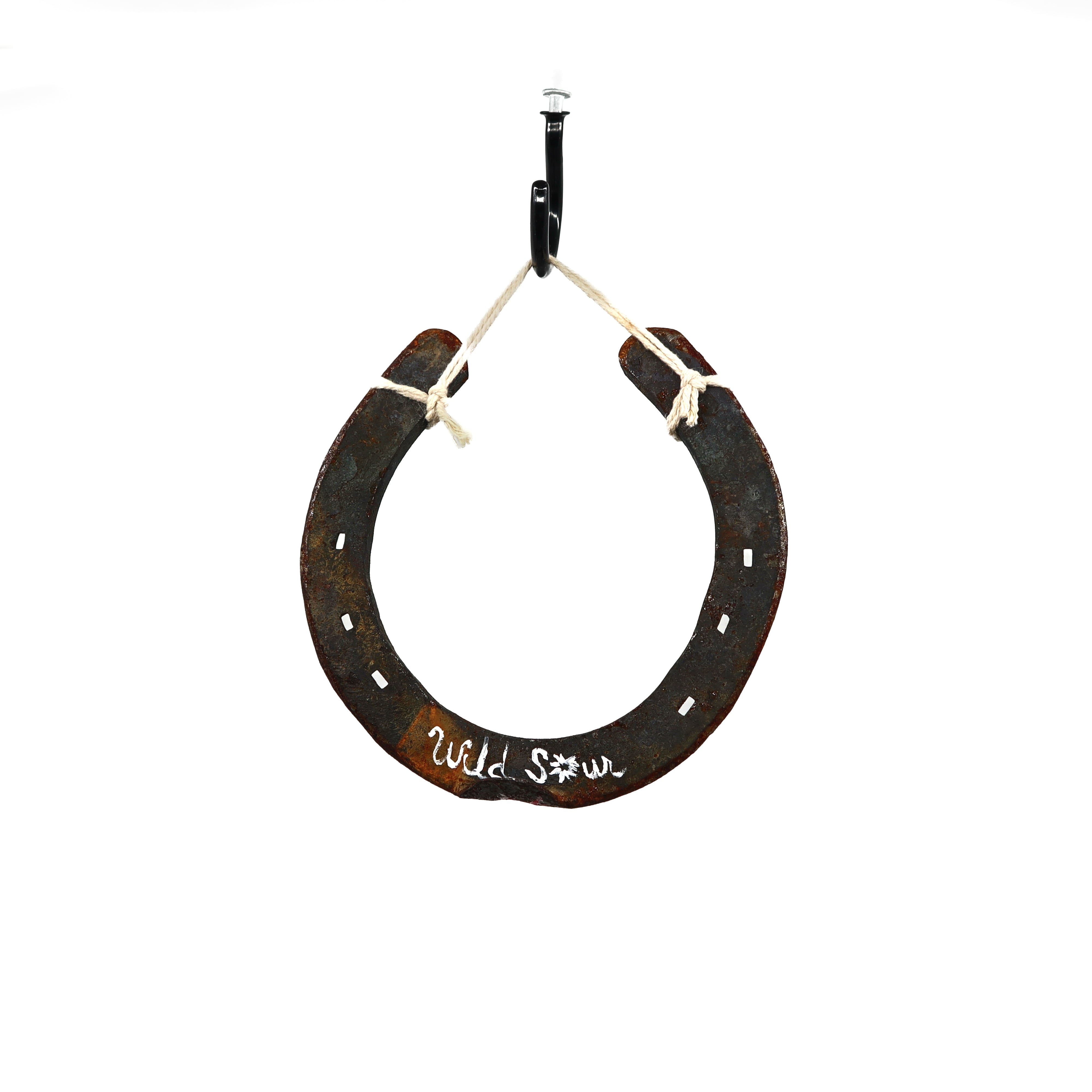 Wild Sour hand painted rustic horseshoe with holiday charm and good luck symbol