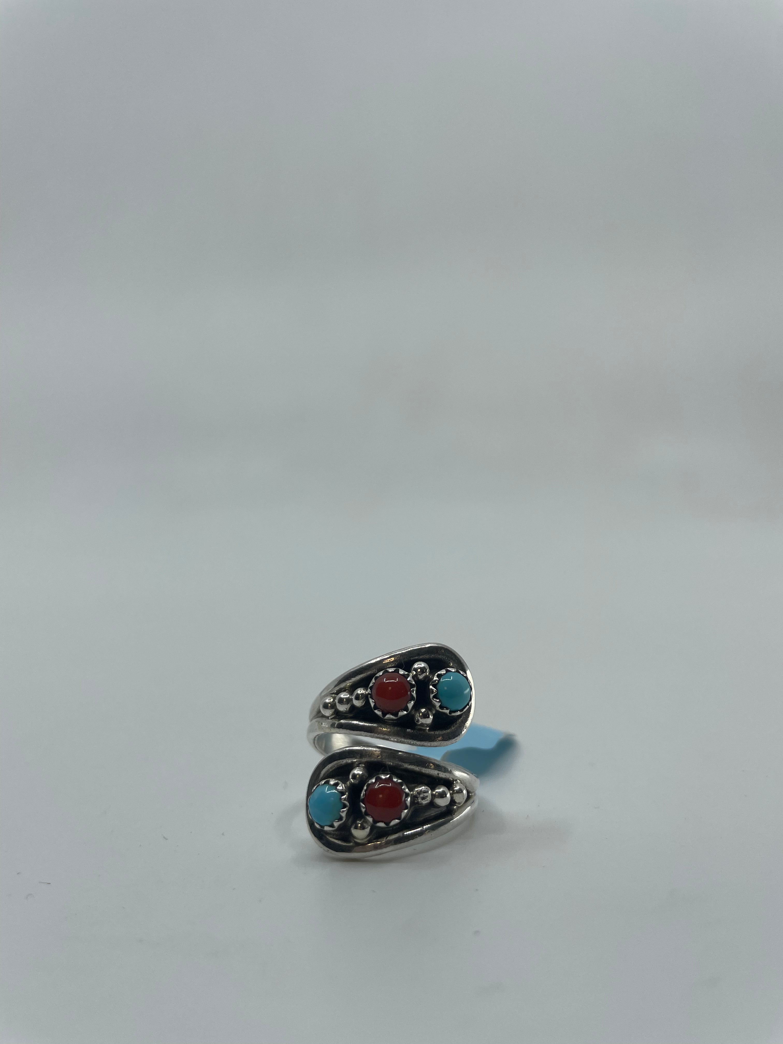 Handmade Navajo Turquoise & Coral Adjustable Spoon Ring PSTPR01