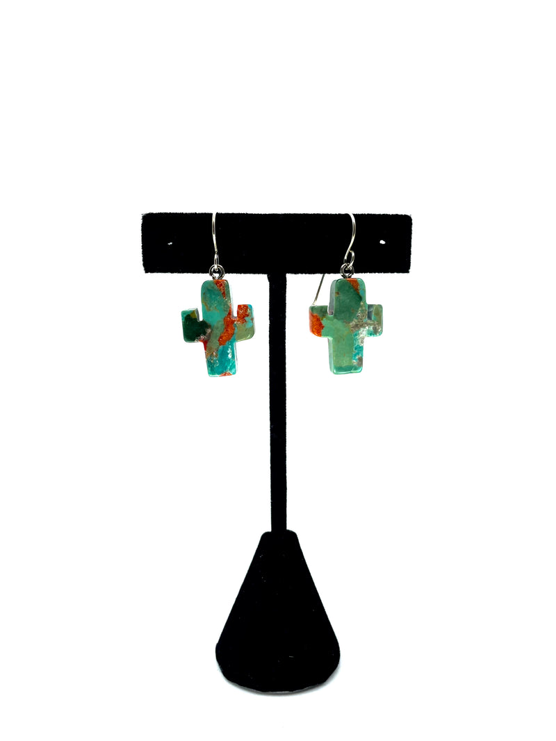 Large DuWayne Turpin Navajo Zuni Kingman Turquoise Drop Cactus Earrings PSTPE27B