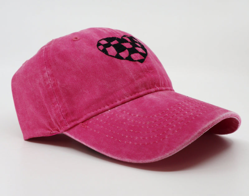 Wild Sour Checkered Heart Hat in hot pink with black checkered heart design, 100% cotton baseball cap