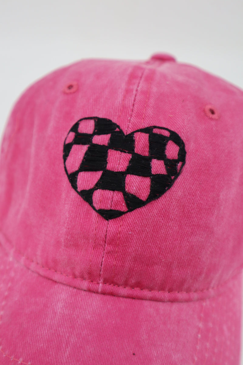 Hot pink cotton hat with black and pink checkered heart design Wild Sour Checkered Heart Hat