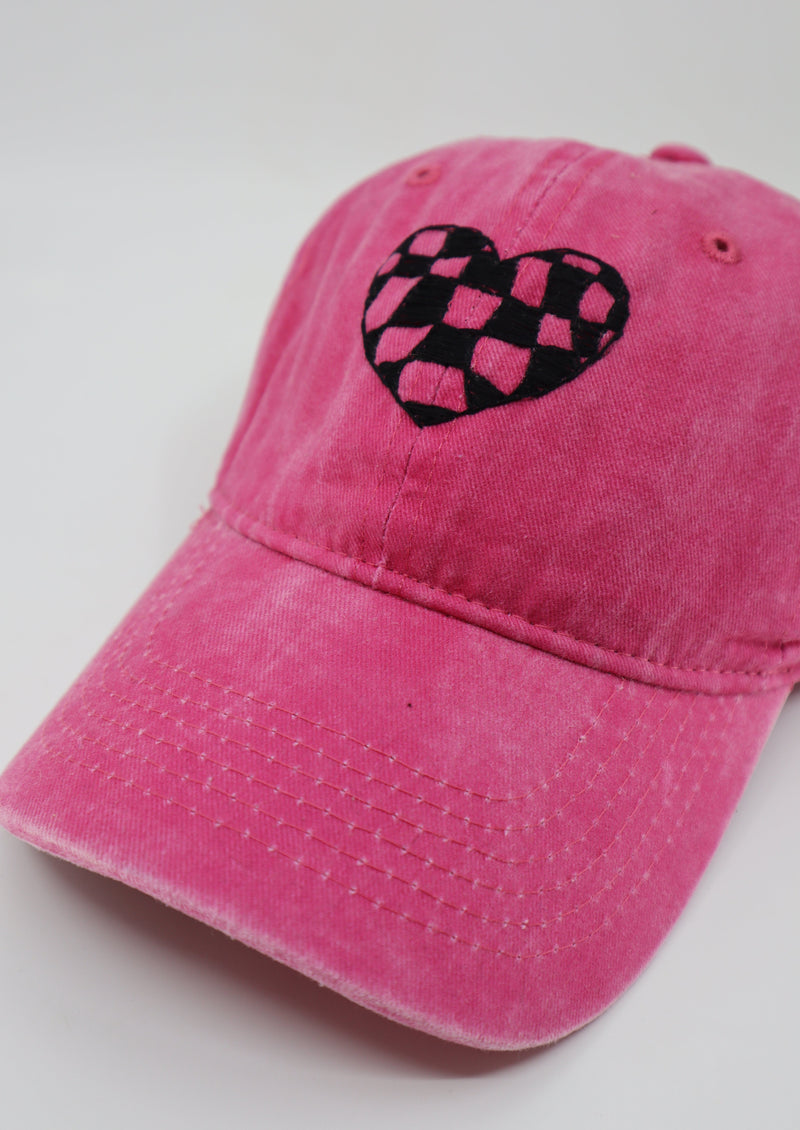 Wild Sour Checkered Heart Hat hot pink cotton cap with checkered heart design