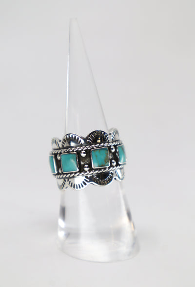 Handmade Sterling Silver Turquoise Square Scallop Stamped Ring Size 8 PSTPR31