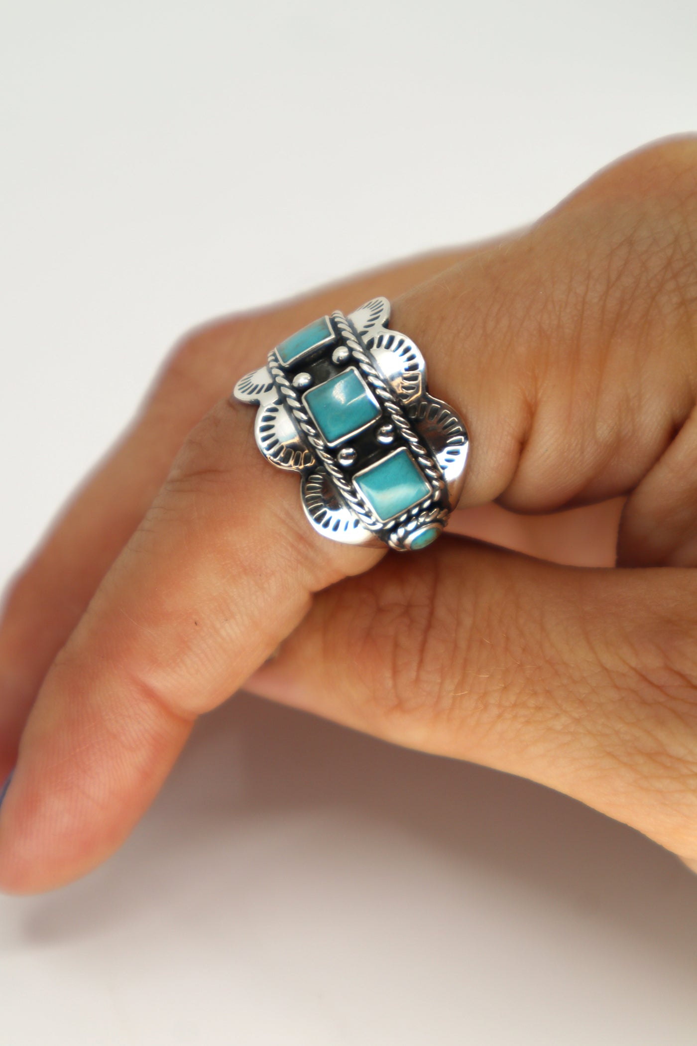 Handmade Sterling Silver Turquoise Square Scallop Stamped Ring Size 8 PSTPR31