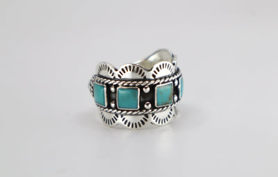 Handmade Sterling Silver Turquoise Square Scallop Stamped Ring Size 8 PSTPR31