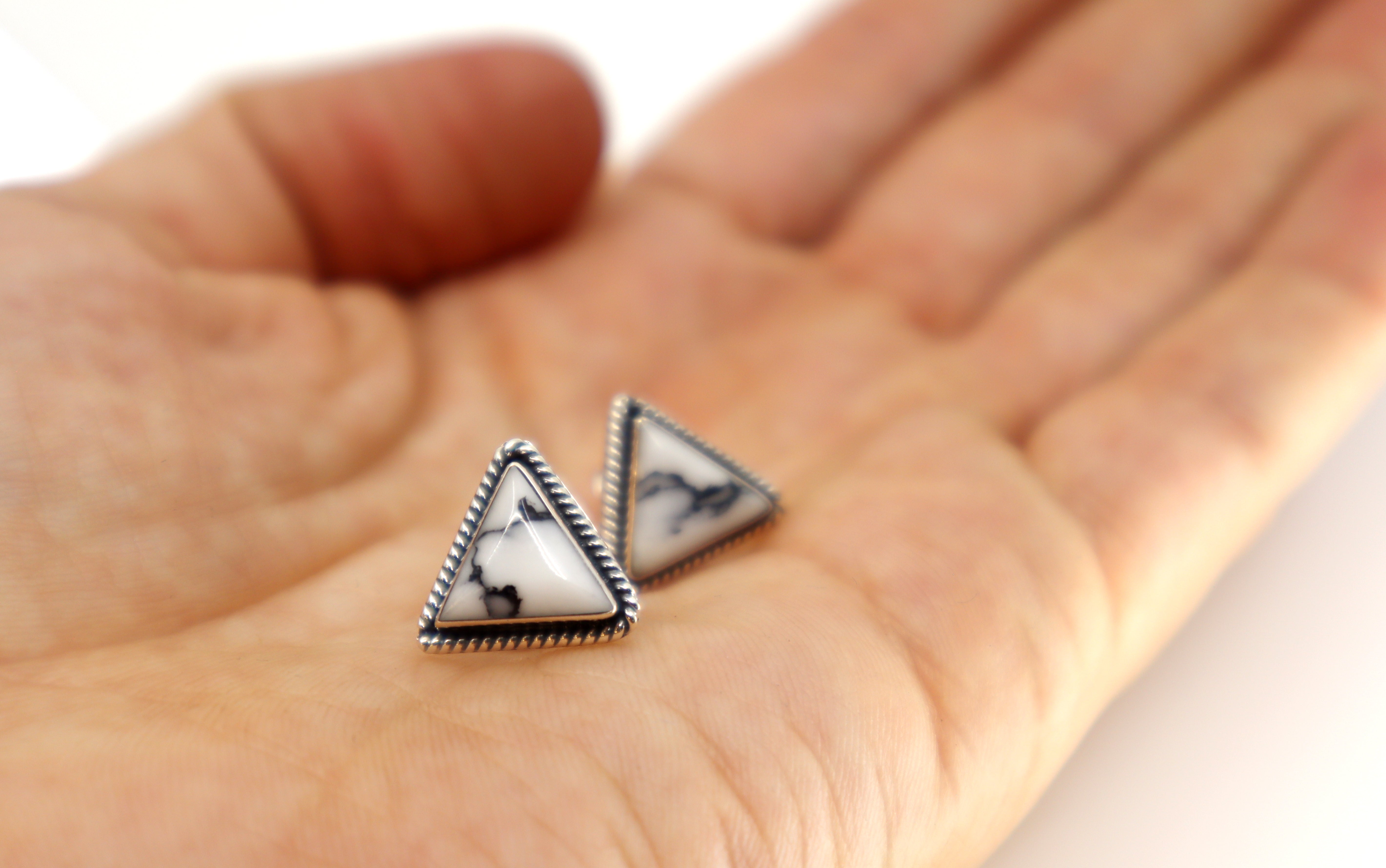 Handmade Sterling Silver & Howlite Triangle Stud Earrings PSTPE11