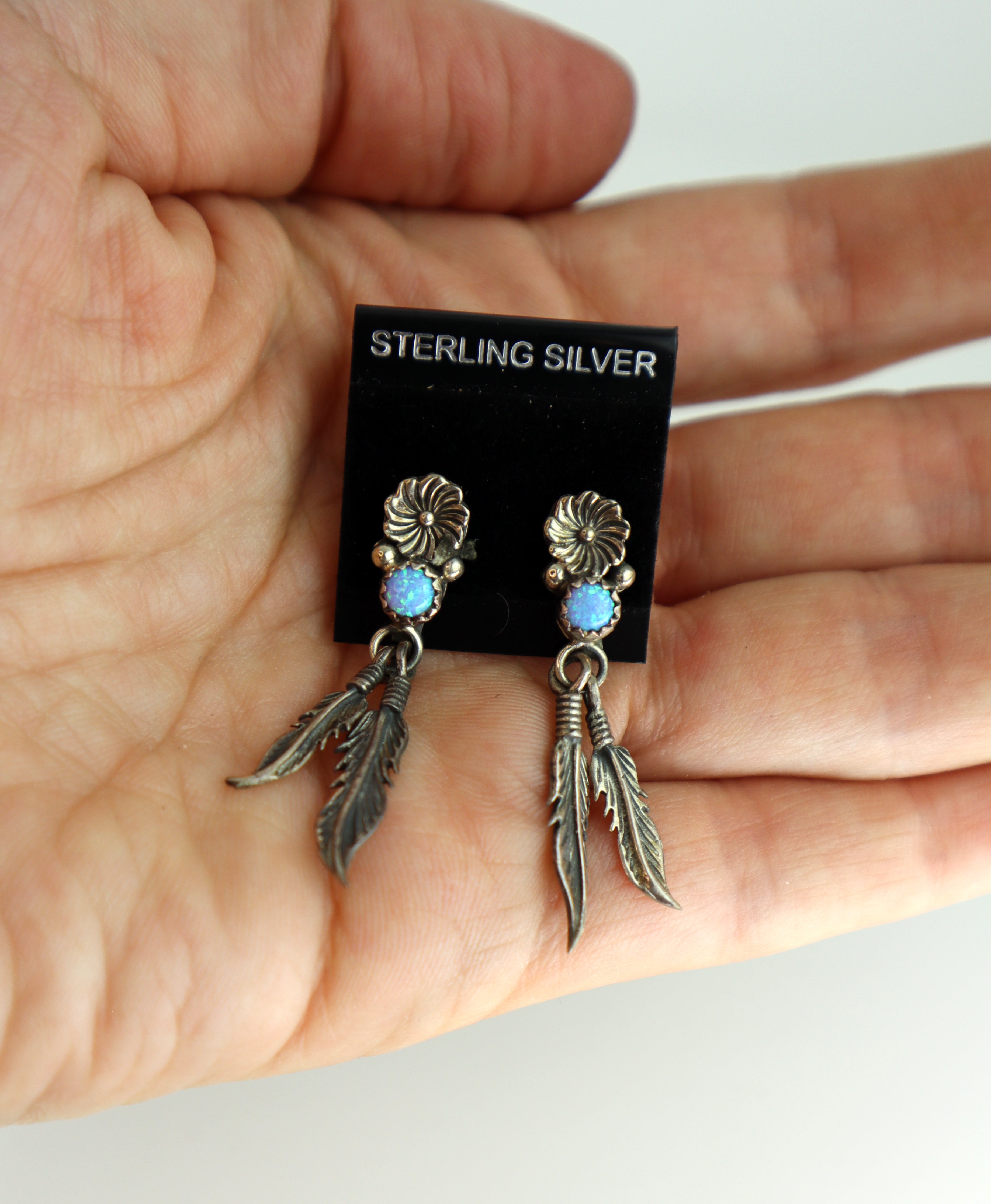 Handmade Navajo Sterling Silver Feathers & Daisies Earrings