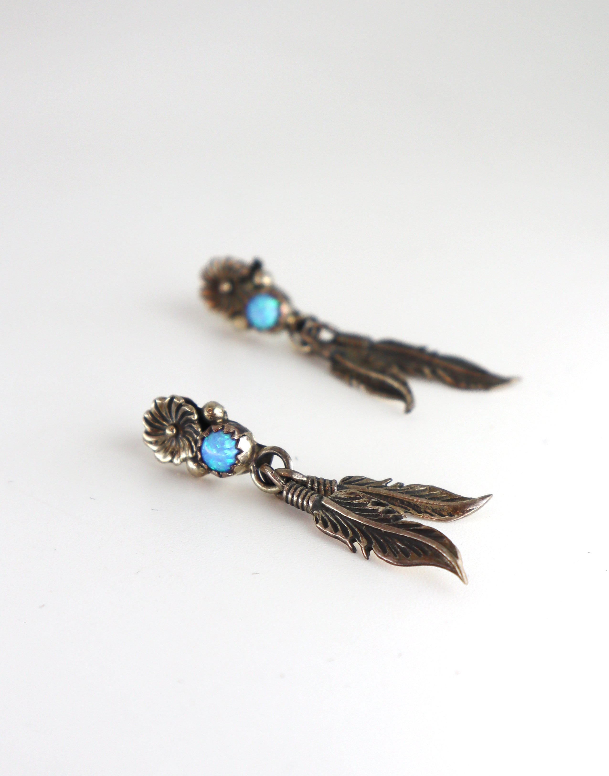 Handmade Navajo Sterling Silver Feathers & Daisies Earrings