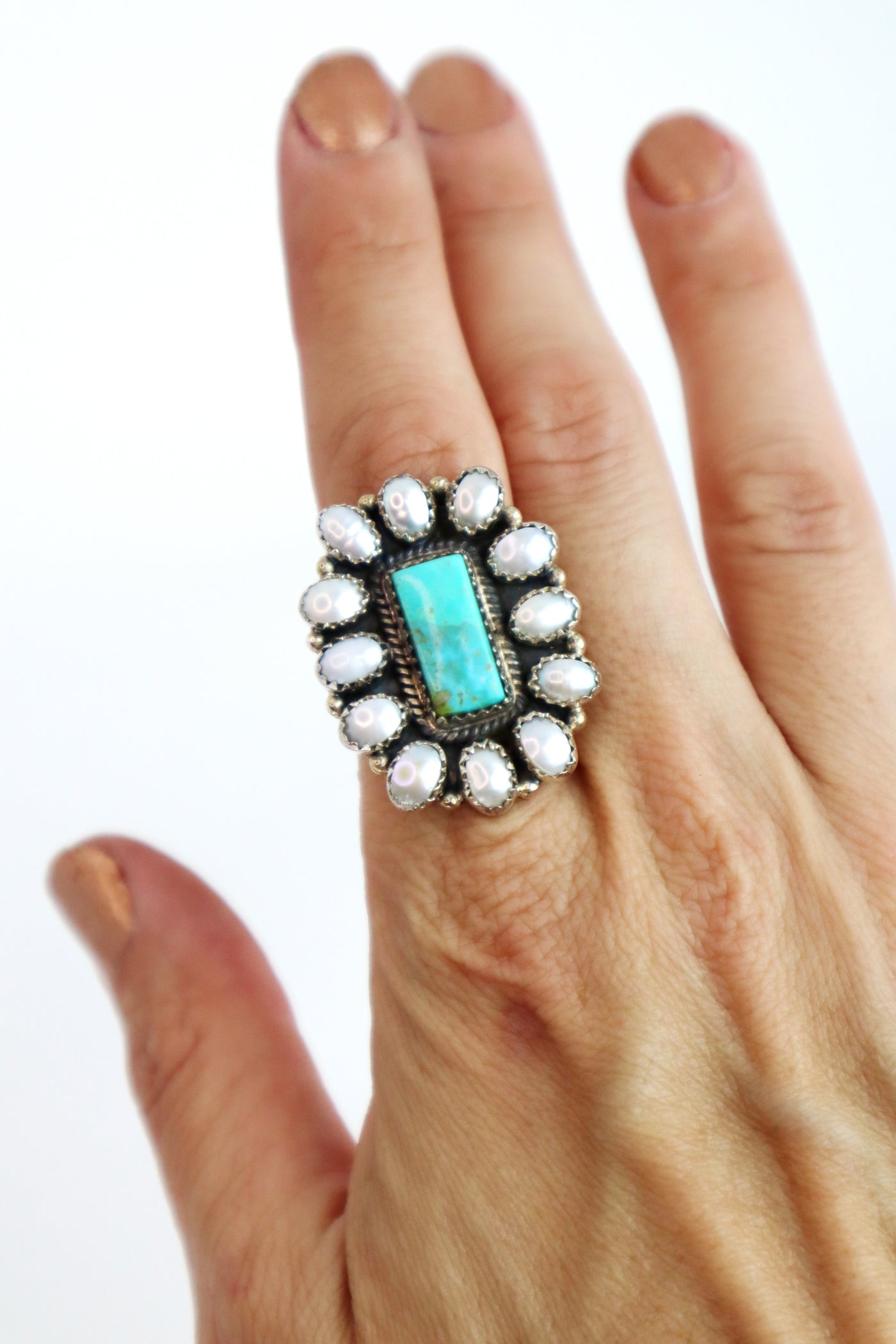 Handmade Sterling Silver Turquoise & Pearl Concho Adjustable Ring PSTPR35