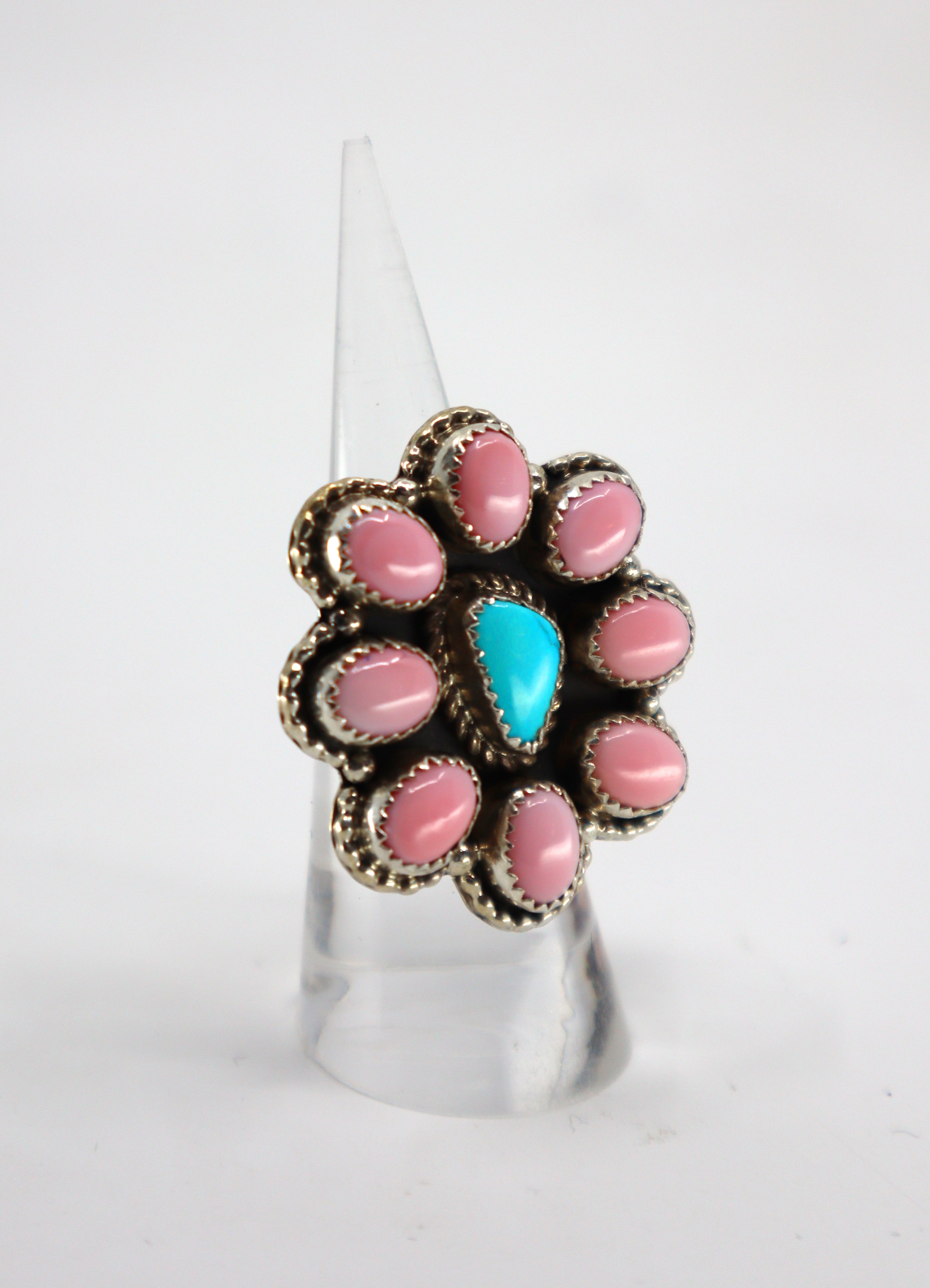 Handmade Navajo Sterling Silver Rose Quartz & Turquoise Ring PSTPR15