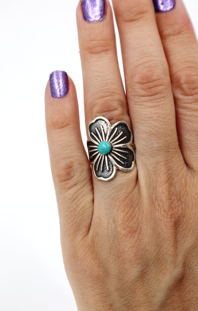 Handmade Sterling Flower Turquoise Ring Size 7 PSTPR08