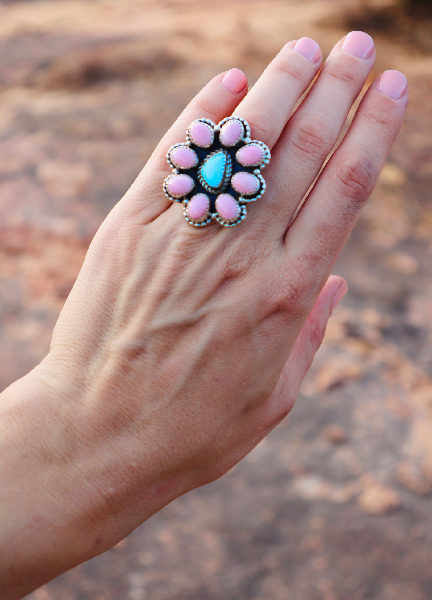 Handmade Navajo Sterling Silver Rose Quartz & Turquoise Ring PSTPR15