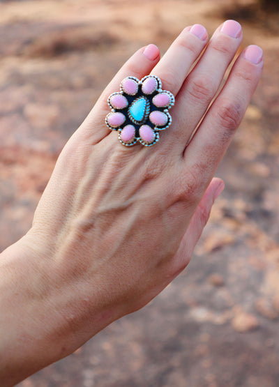 Handmade Navajo Sterling Silver Rose Quartz & Turquoise Ring PSTPR15