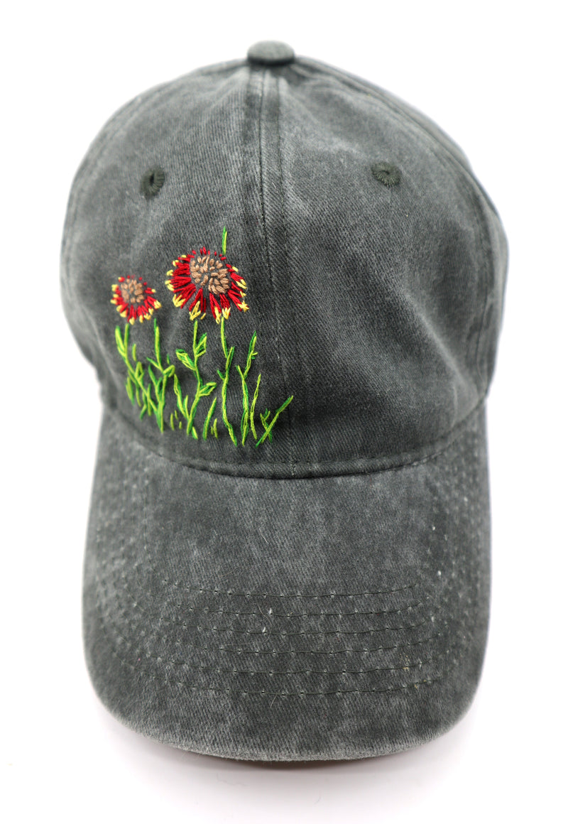 Wild Sour Blanket Flower Hat with hand-embroidered floral design on 100% cotton baseball cap