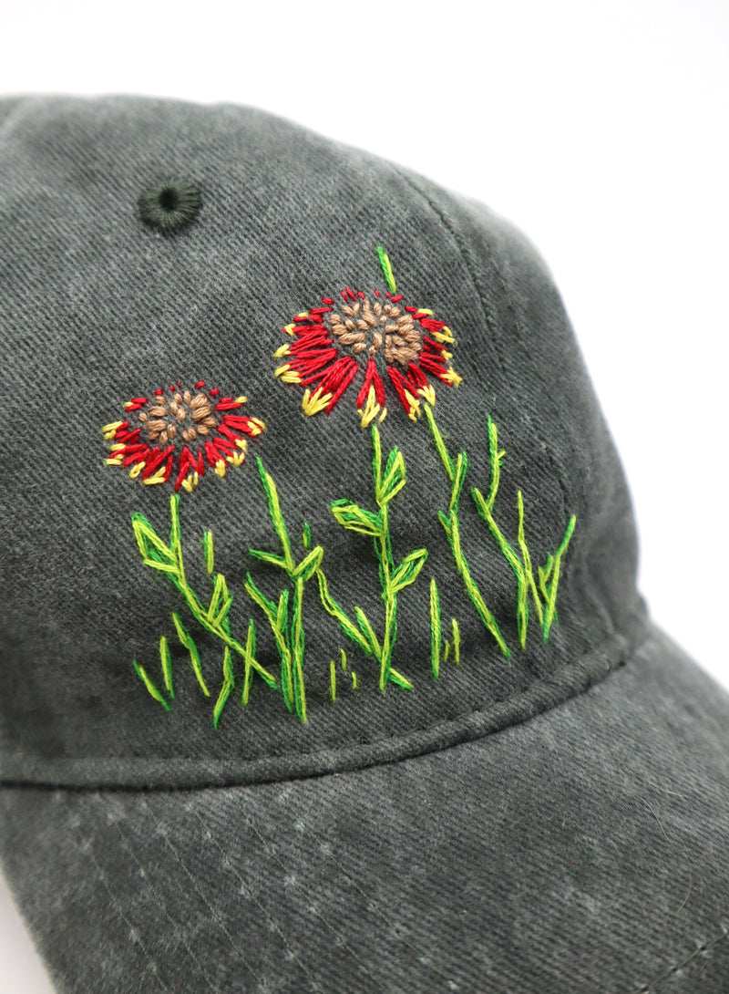 Wild Sour Blanket Flower Hat with hand-embroidered floral design on 100% cotton baseball cap