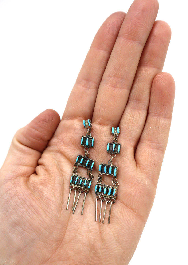 Handmade sterling silver turquoise cascading earrings PSTPE44 on white background