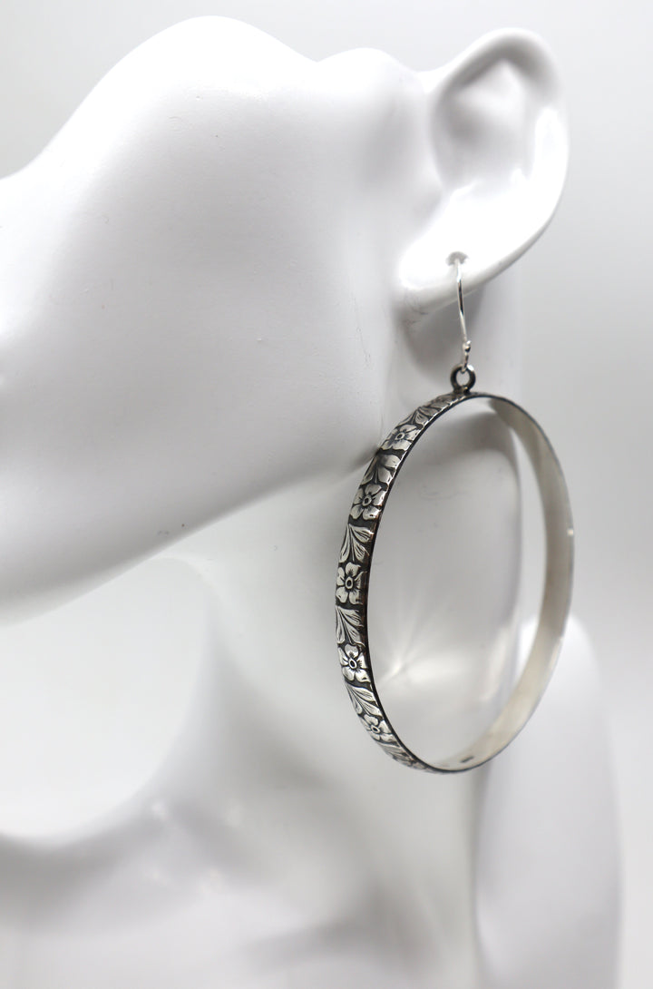  Silver Floral Detail Hoop Earrings