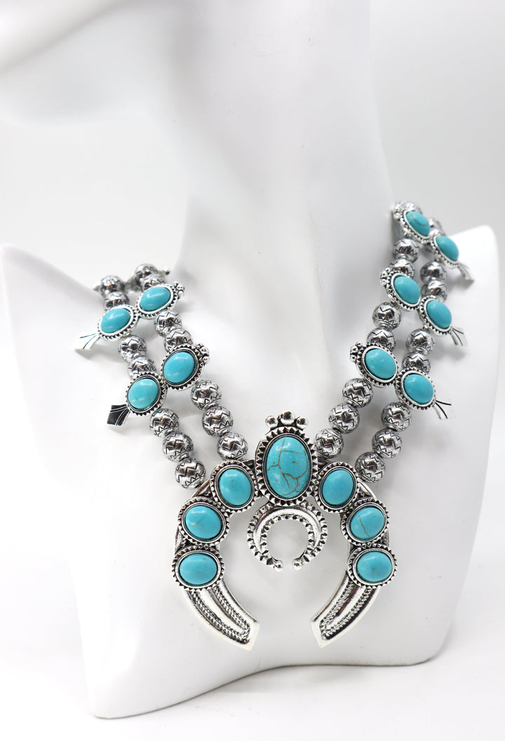 Statement large collar retro moon pendant necklace with boho tribal design and chunky stones