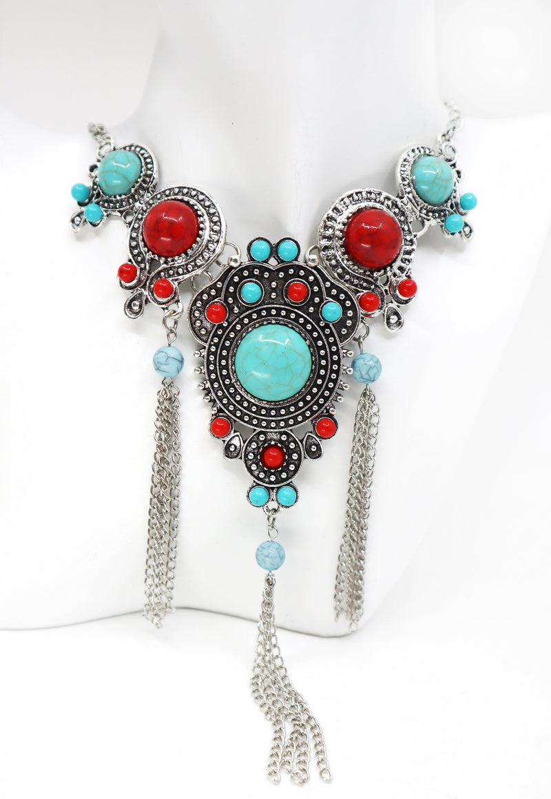 Statement large collar retro moon pendant necklace with boho vintage tribal design