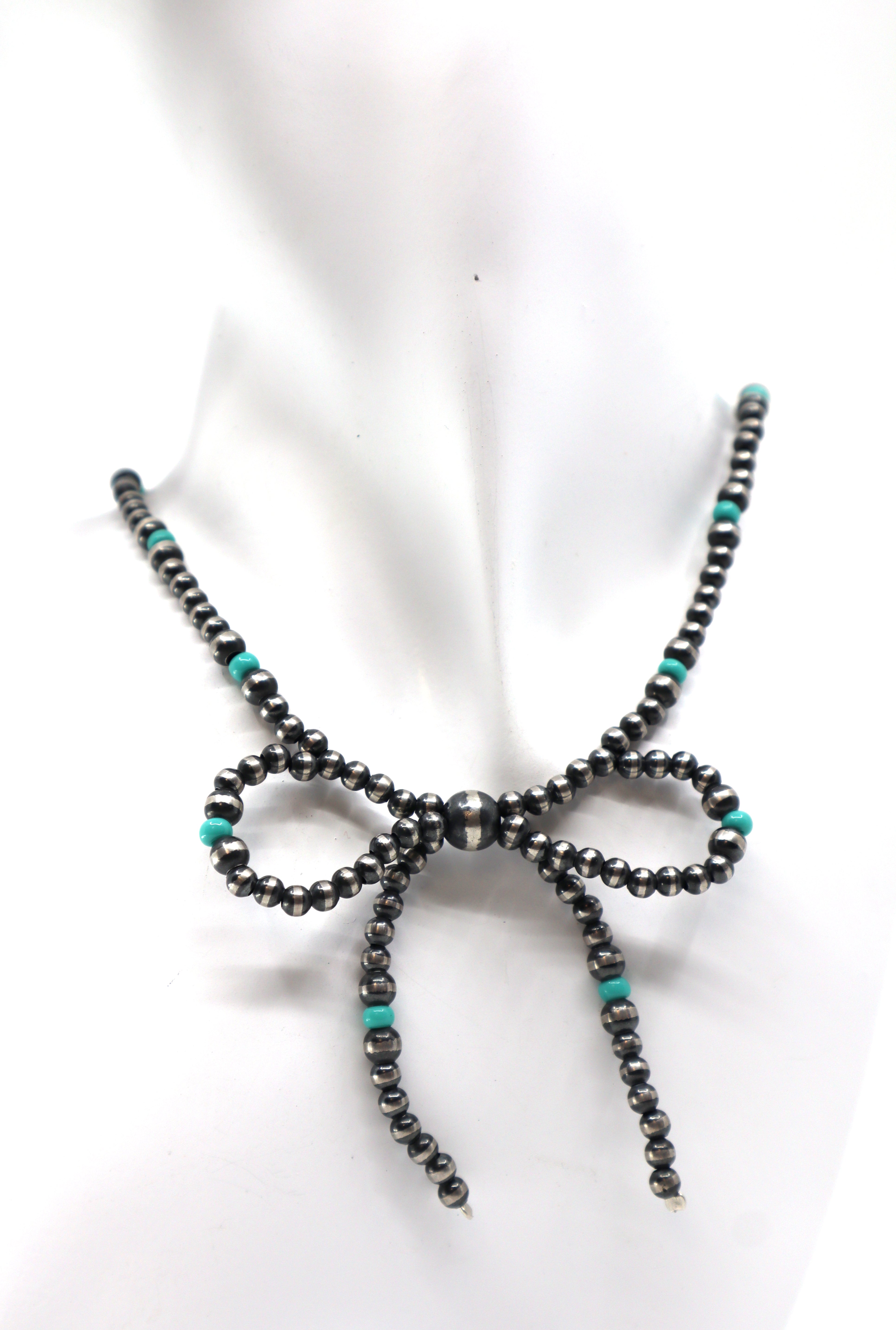 Handmade Sterling Silver Pearl Turquoise Bow Necklace PSTPN19