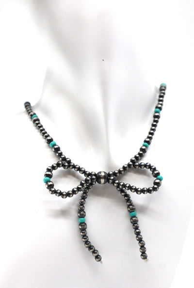 Handmade Sterling Silver Pearl Turquoise Bow Necklace PSTPN19