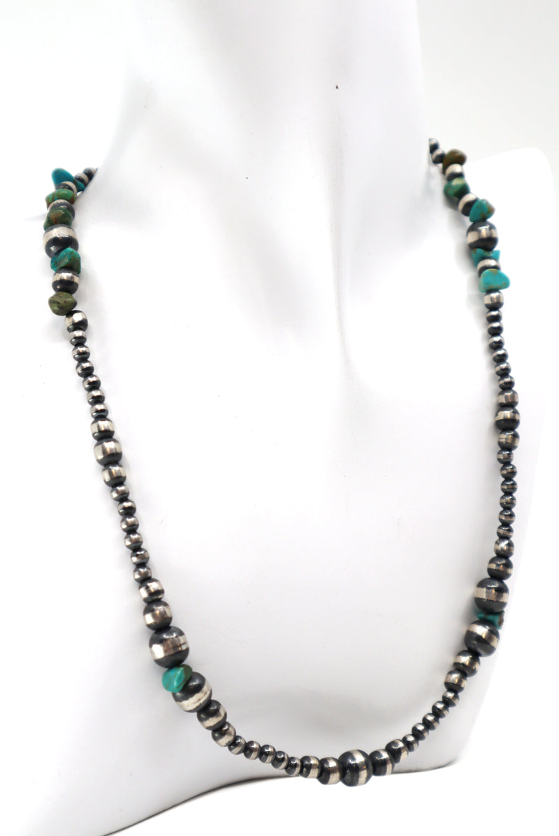 Handmade Navajo Pearls style sterling silver and turquoise necklace approximately 17-21 inch length