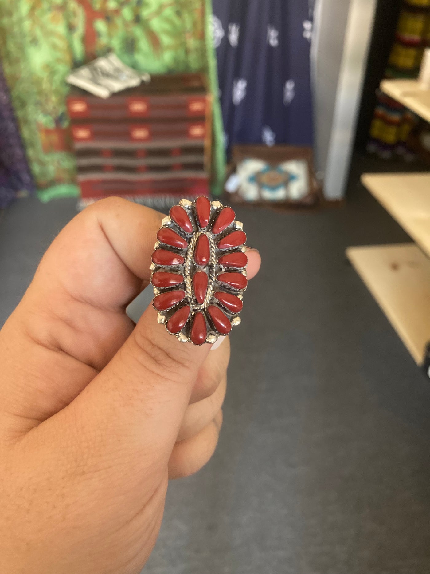 Handmade Navajo Sterling Silver Coral Concho Ring Size 7.5 PSTPR16