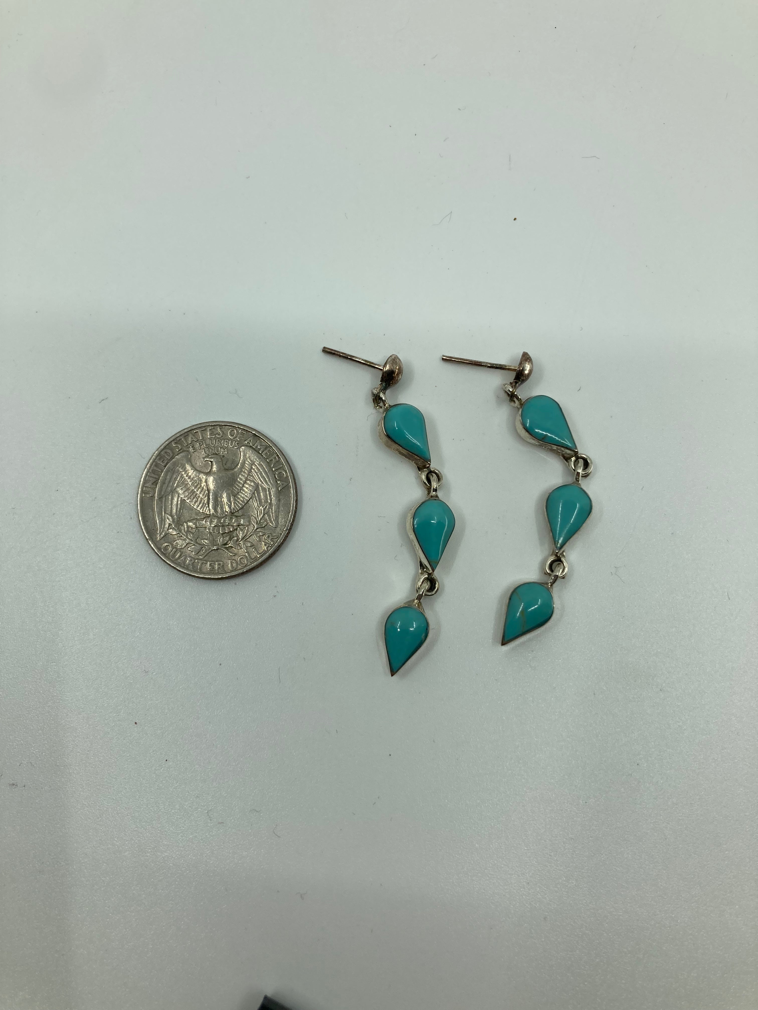 Handmade Sterling Silver and Turquoise 3 Teardrop Drop Earrings PSTPE46