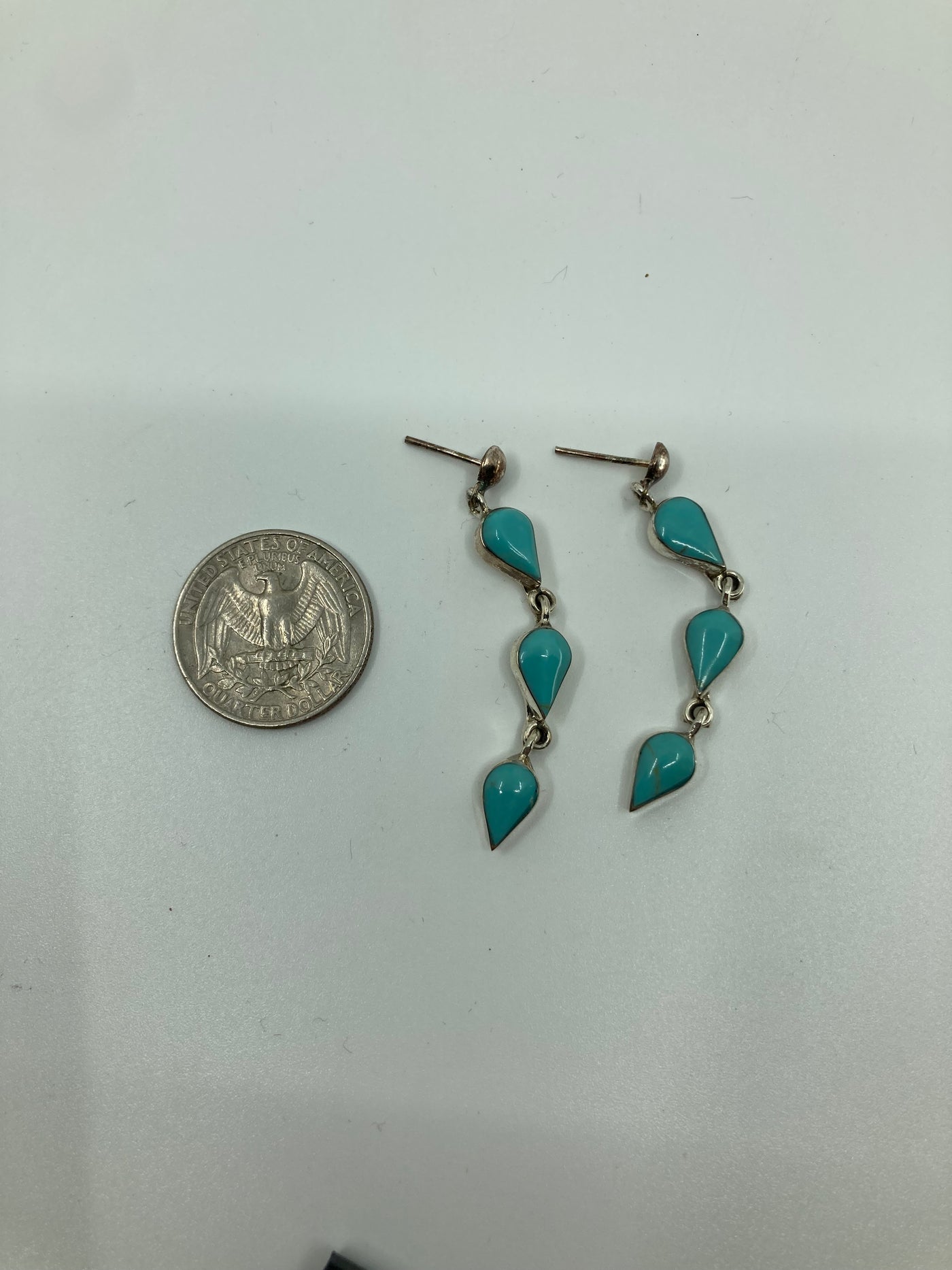 Handmade Sterling Silver and Turquoise 3 Teardrop Drop Earrings PSTPE46