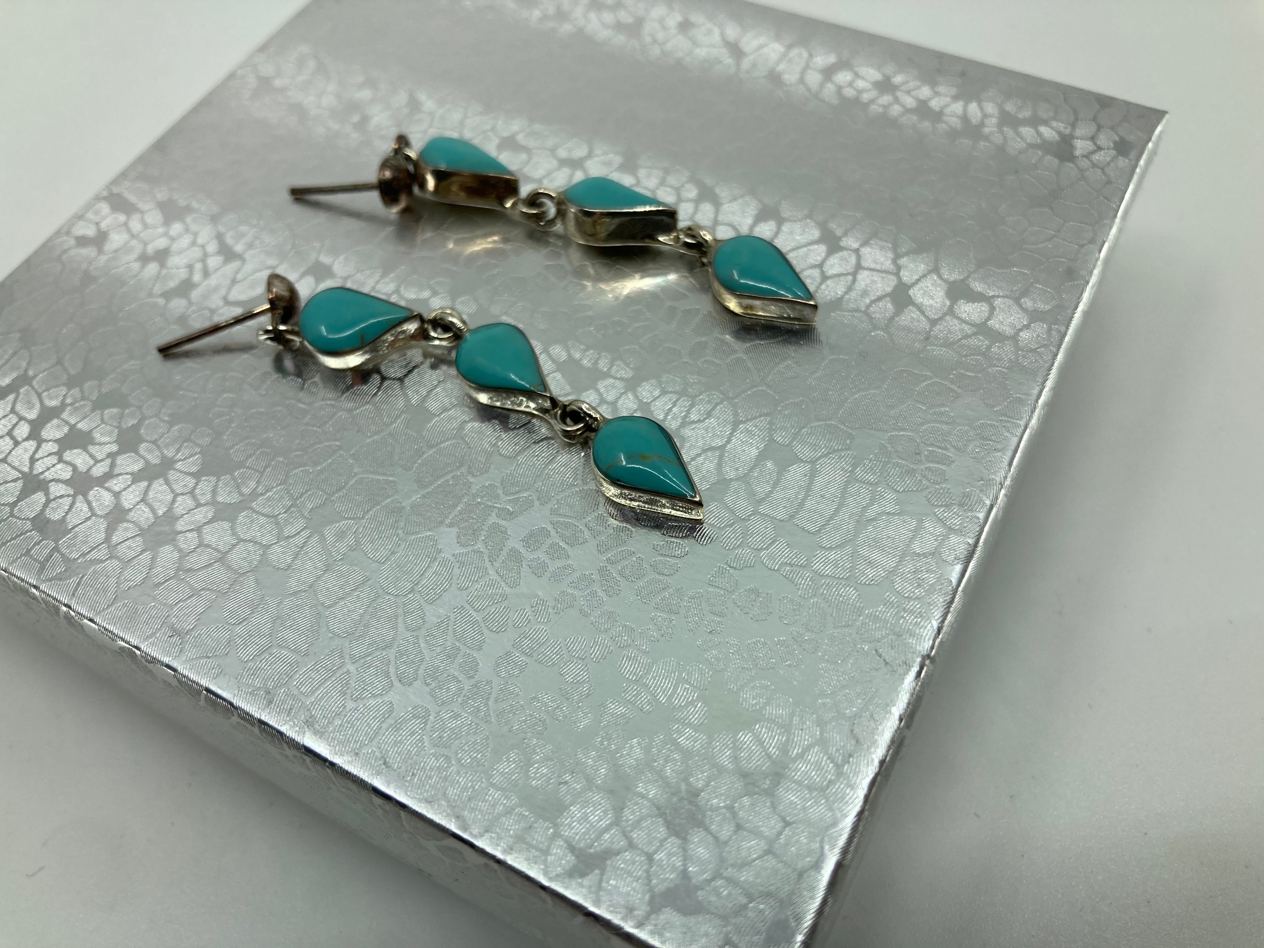 Handmade Sterling Silver and Turquoise 3 Teardrop Drop Earrings PSTPE46