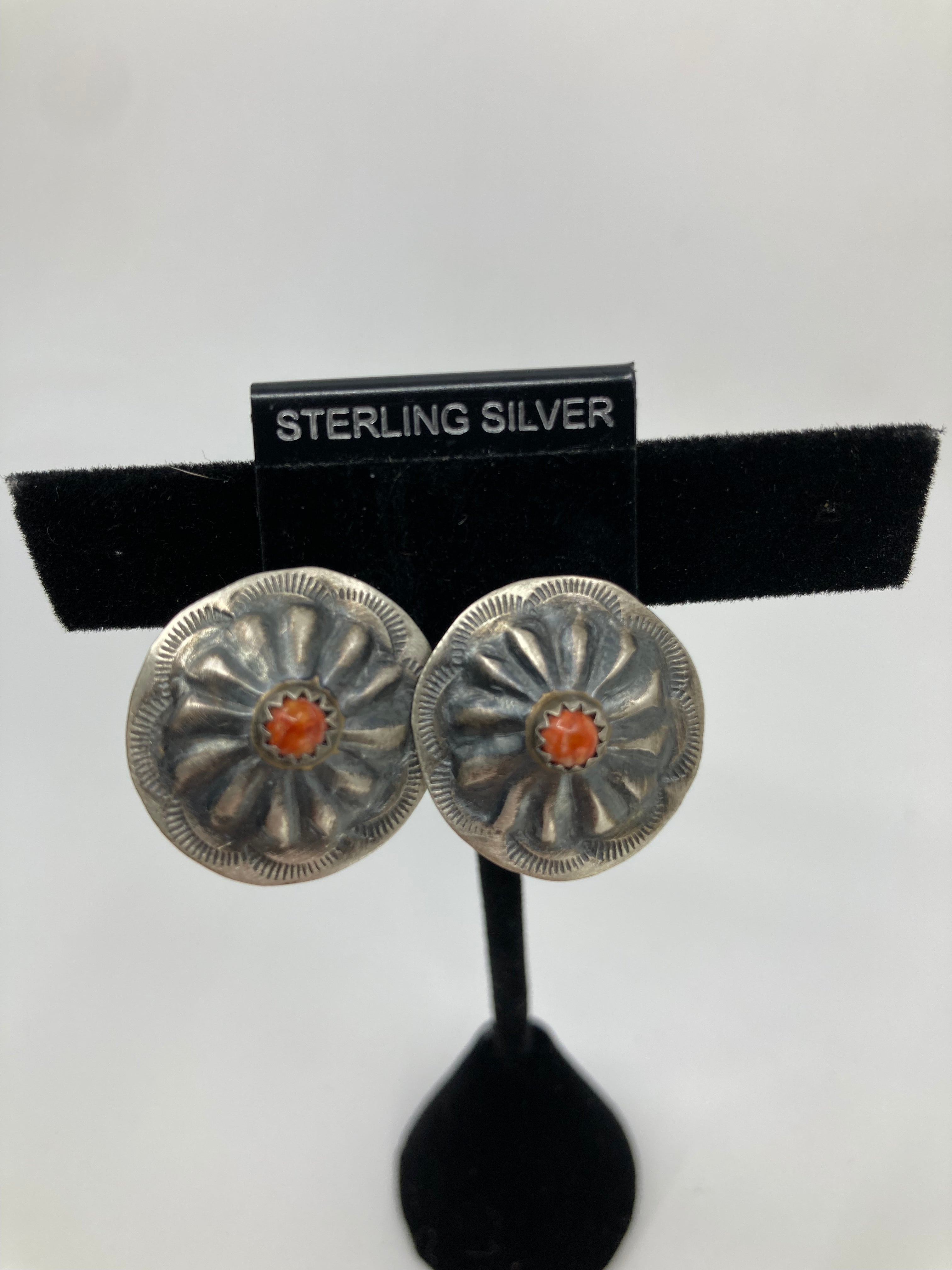 Handmade Zuni Sterling Silver and Coral Concho Stud Earrings PSTPE48