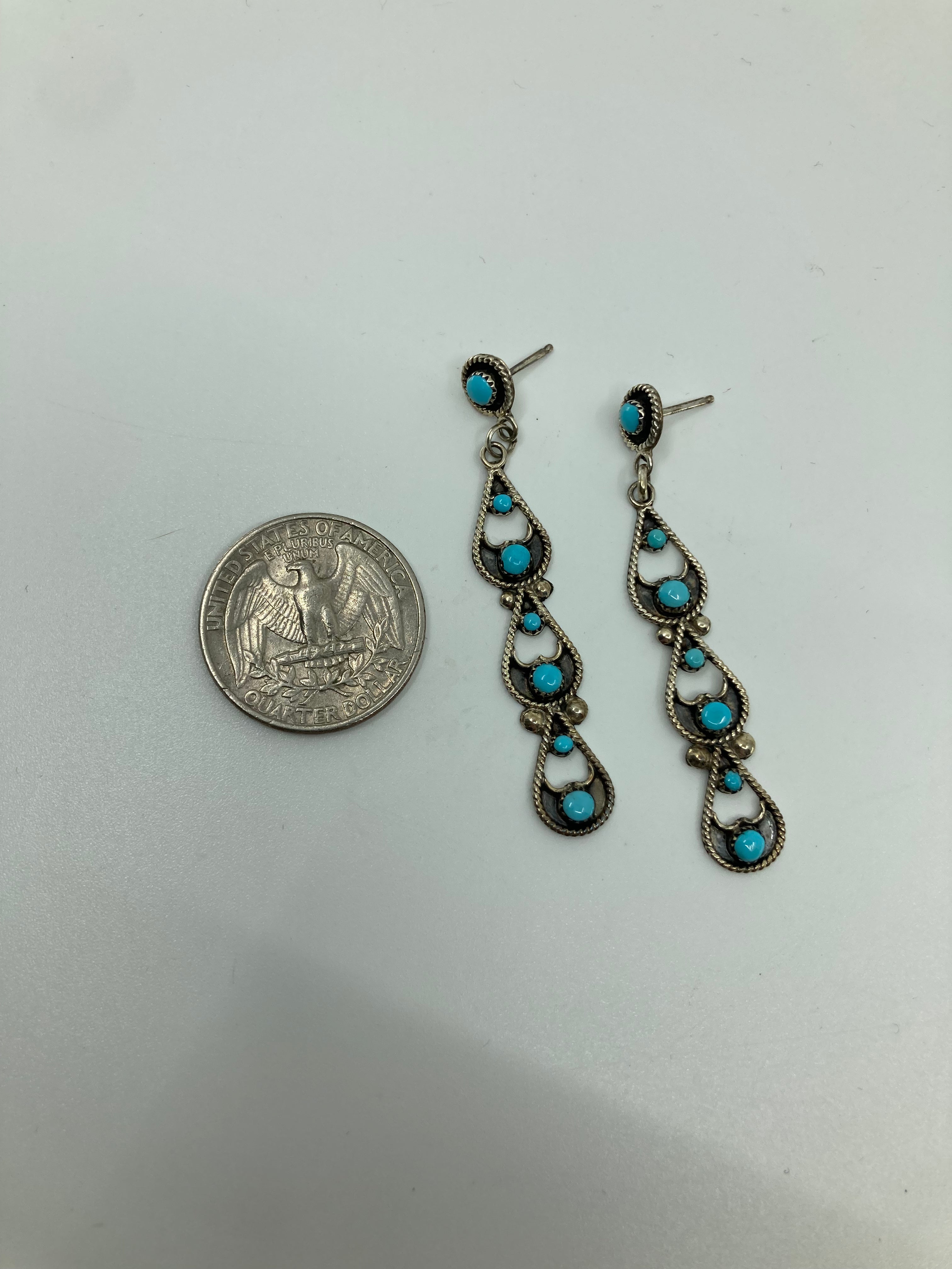 Handmade Zuni Sterling Silver and Turquoise Drop Post Earrings PSTPE47