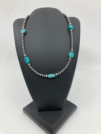 Handmade Navajo Pearls Sterling Silver and Turquoise Choker Necklace PSTPN16