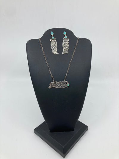 Handmade Sterling Silver & Turquoise Earring & Necklace Jewelry Set PSTPS05