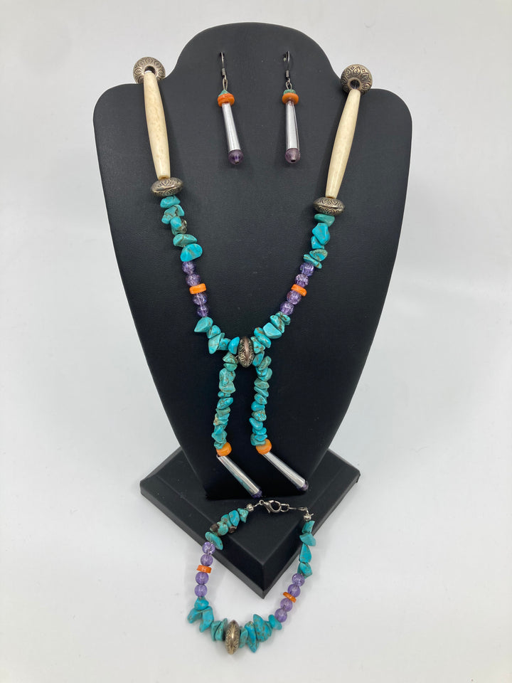 Handmade Beaded Turquoise Bracelet, Earring &amp; Necklace Jewelry Set PSTPS04