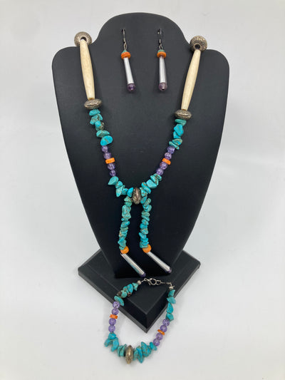 Handmade Beaded Turquoise Bracelet, Earring & Necklace Jewelry Set PSTPS04